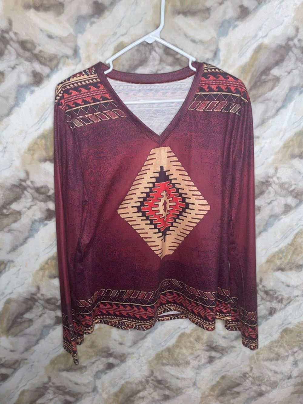 Maroon Aztec V-Neck Long Sleeve Top